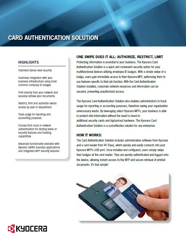 Kyocera, Software, Cost Control, Security Card Authentication, Office Solutions & Services