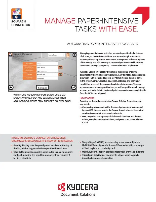Kyocera Software Document Management, Square 9, Connector, kyocera, Office Solutions & Services
