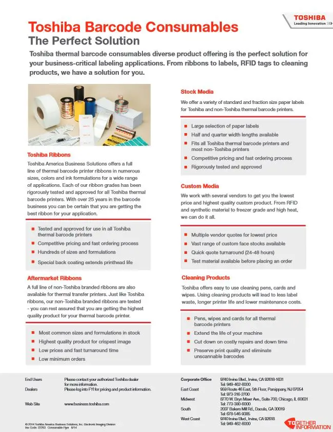 barcode printer, supplies, Toshiba, thermal, toner, Office Solutions & Services