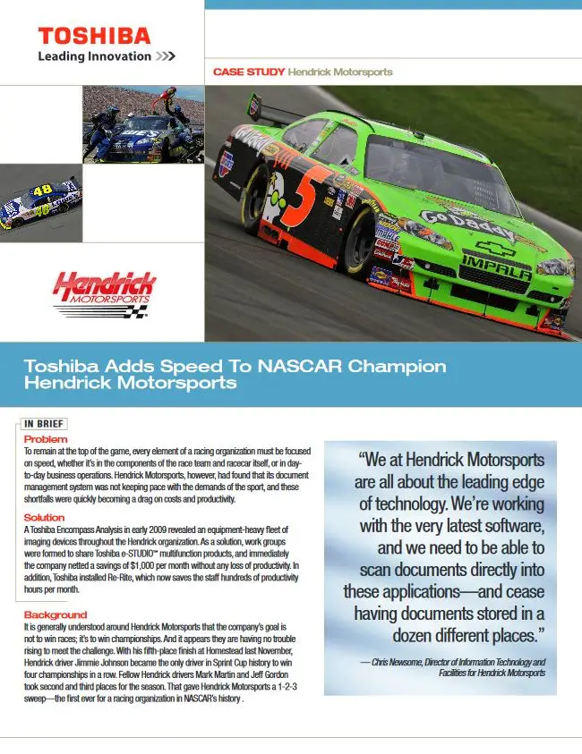 Hendrick Motorsports, Case Study, MPS, MDS, Toshiba, Office Solutions & Services