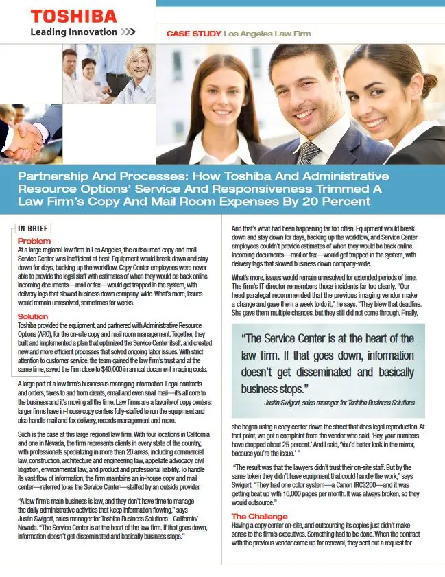 Law Firm, Success Story, Industry Solutions, Vertical Markets, Legal, Toshiba, Office Solutions & Services